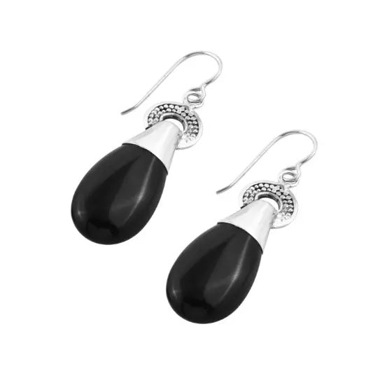 Designer Black Onyx Earrings Long DROP Dangle Hook in 925 Sterling Silver