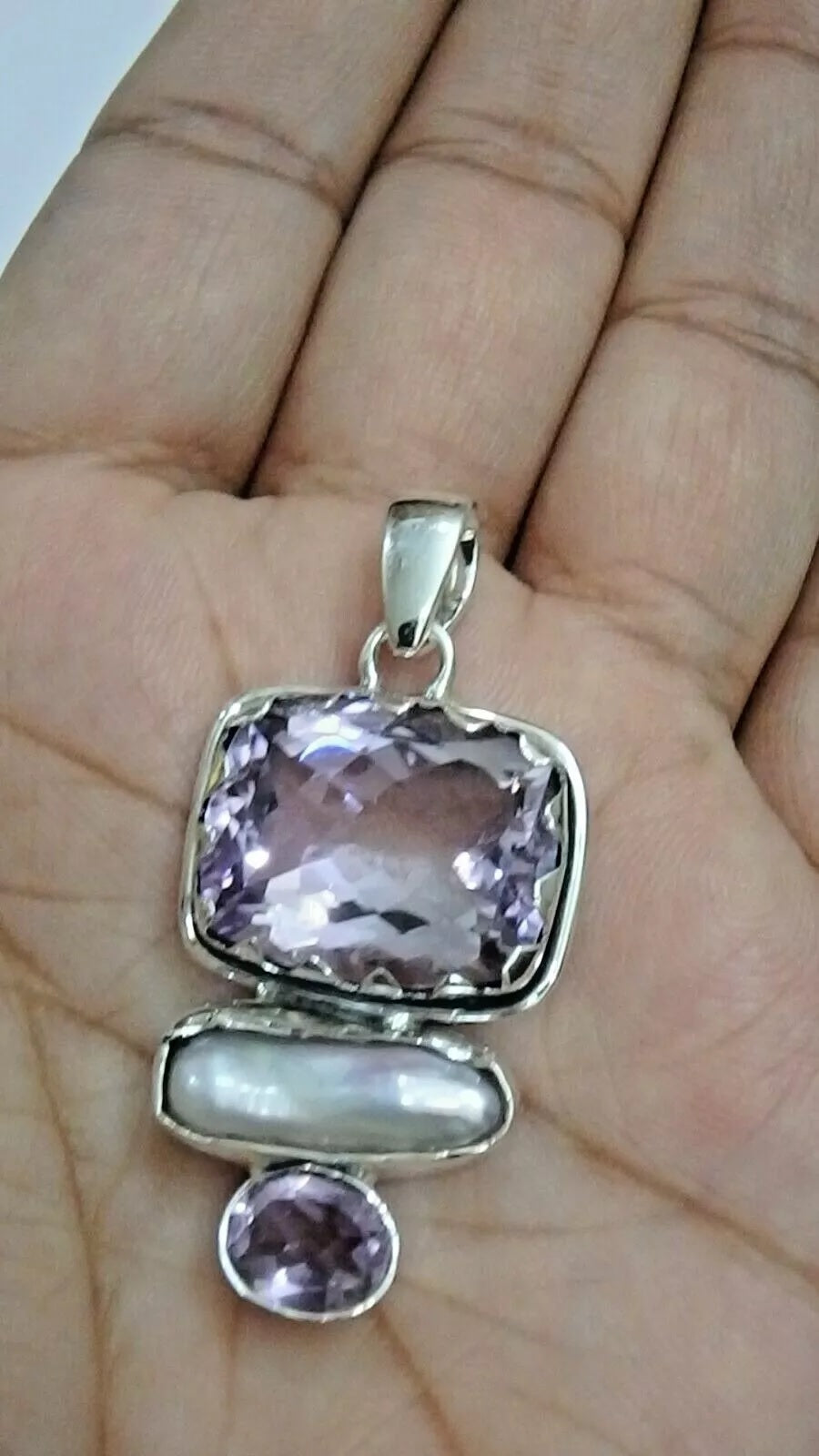 Amethyst Statement Pendant Biwa Pearl in Solid 925 Sterling Silver - 5 cm