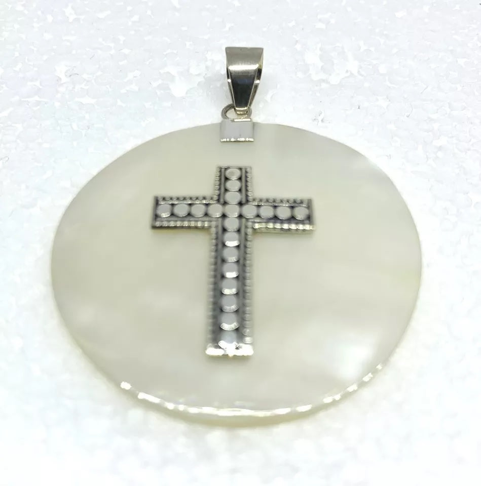 Bali Designer Mother Pearl Cross Pendant in Sterling Silver 925 - 5cm