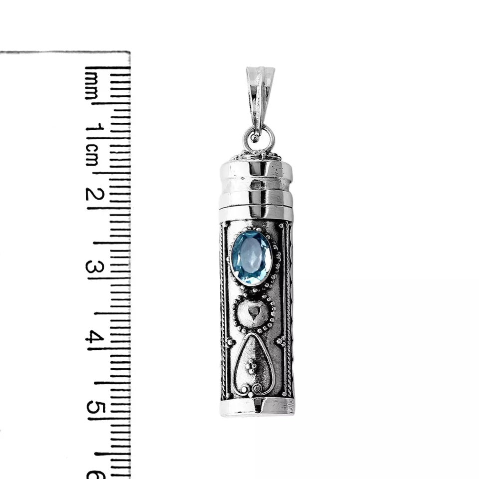 Blue Topaz Prayer Box Pill Box - Perfume - Ashes Pendant - 925 Sterling Silver