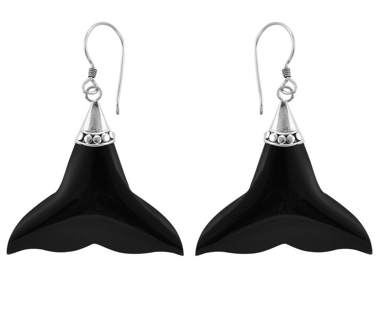 Handmade Sterling Silver Mermaid Tail Synthetic Onyx Earrings