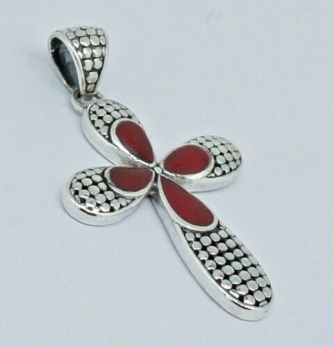 CROSS Pendant with Red Sponge Coral Shell in 925 Solid Sterling Silver