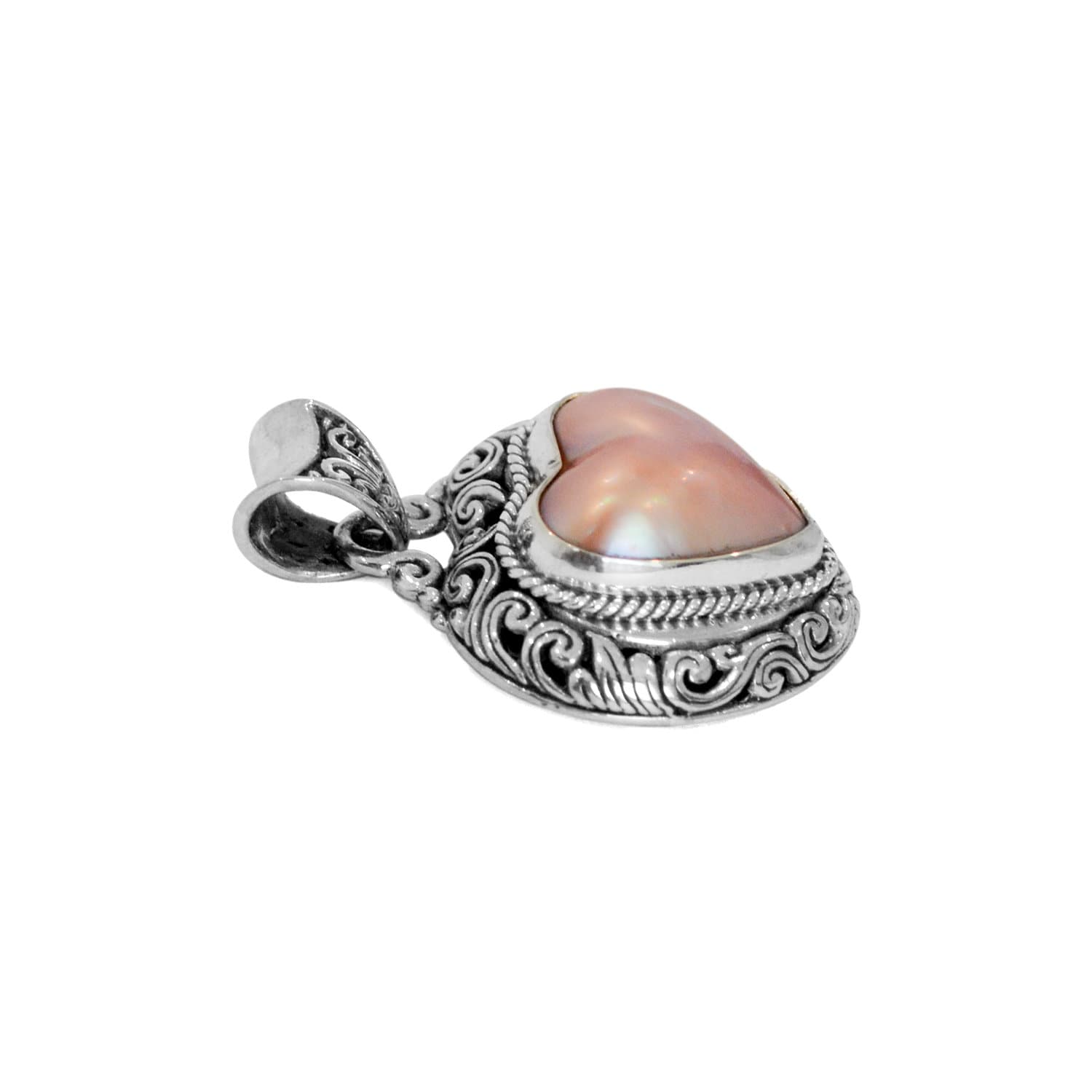 Bali HEART PINK Mabe Pearl Pendant in solid 925 Sterling Silver