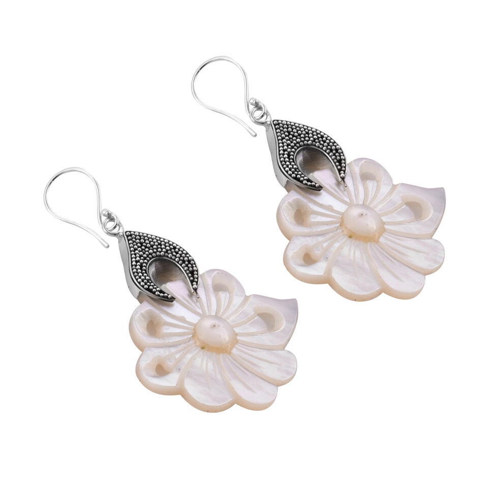 Carved Mother of Pearl Designer Flower Earrings in 925 Sterling Silver - 5.1 cm