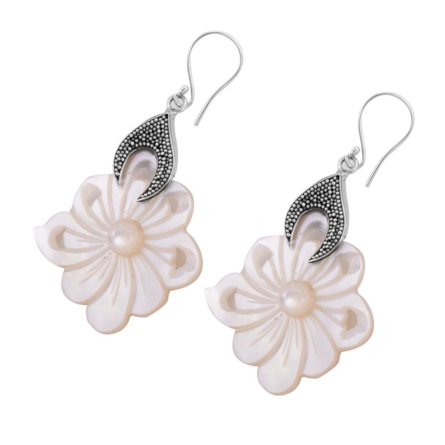 Carved Mother of Pearl Designer Flower Earrings in 925 Sterling Silver - 5.1 cm