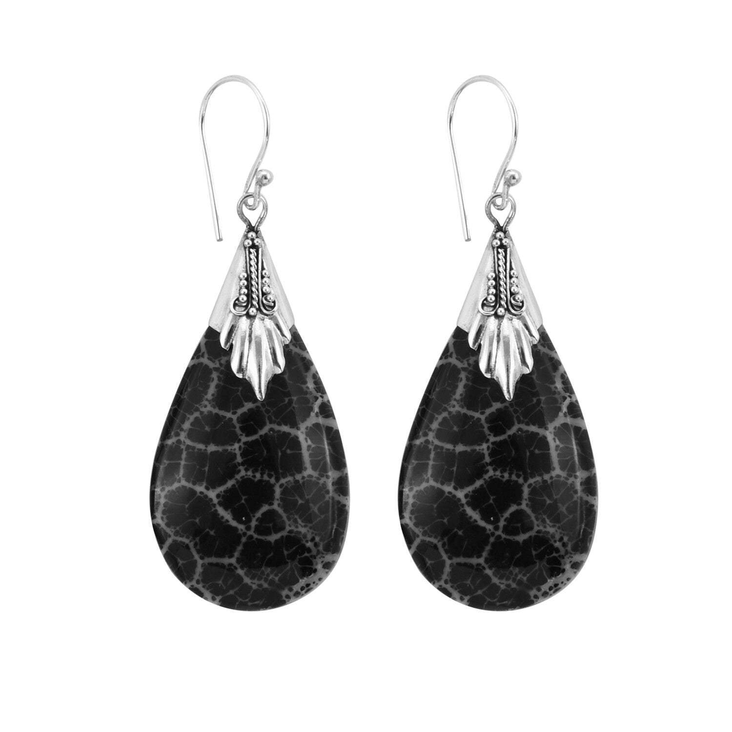 BLACK FOSSIL CORAL Earrings Tear Drop dangle in 925 Sterling Silver - 4.8 cm