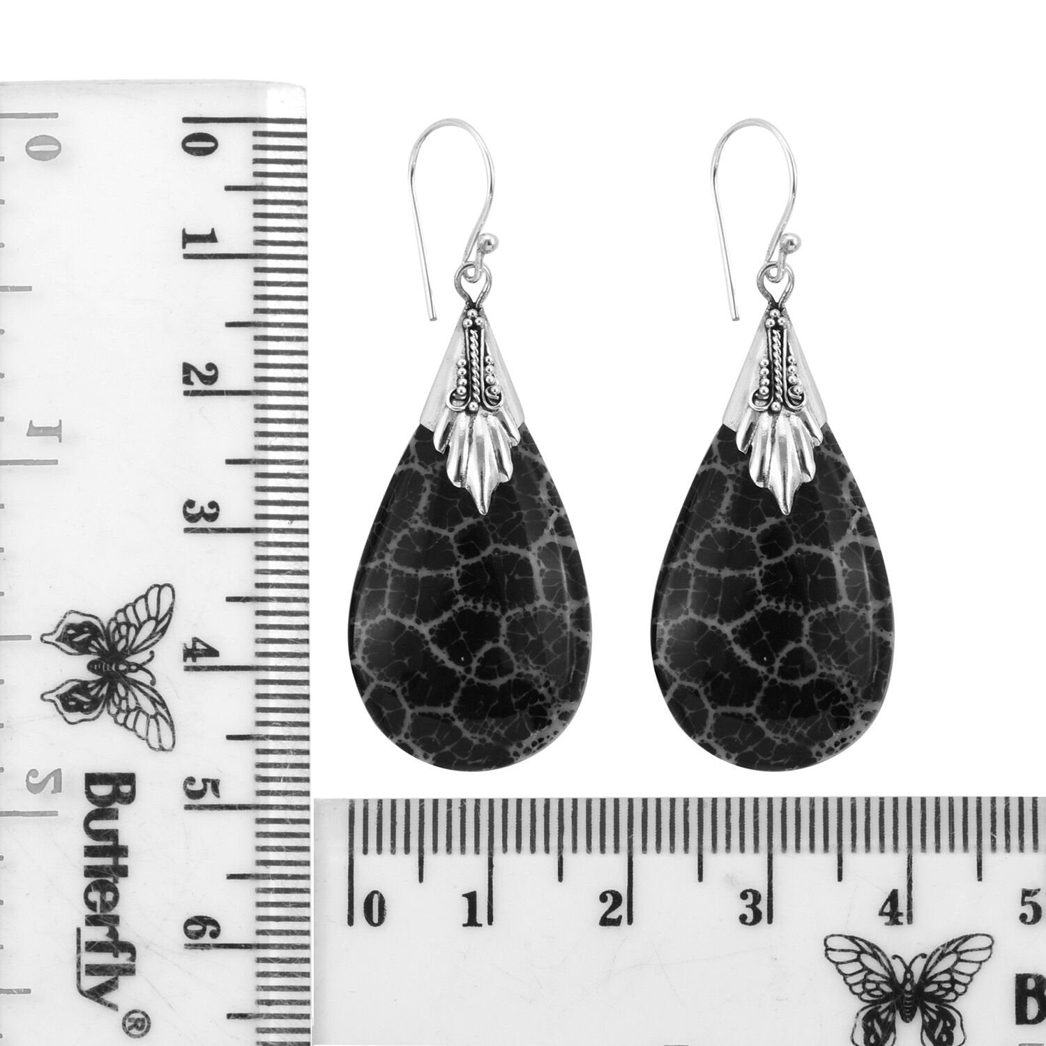 BLACK FOSSIL CORAL Earrings Tear Drop dangle in 925 Sterling Silver - 4.8 cm