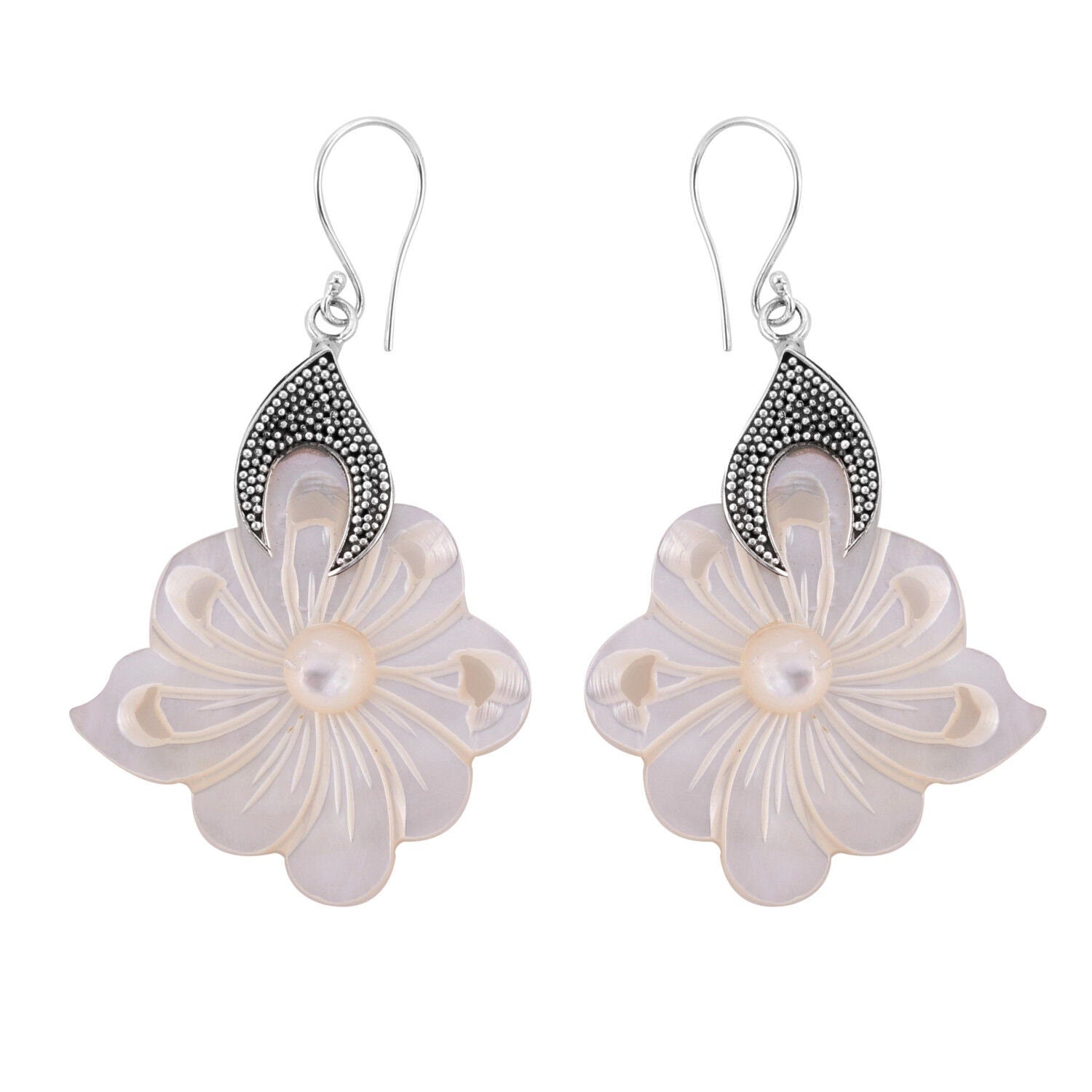 Carved Mother of Pearl Designer Flower Earrings in 925 Sterling Silver - 5.1 cm