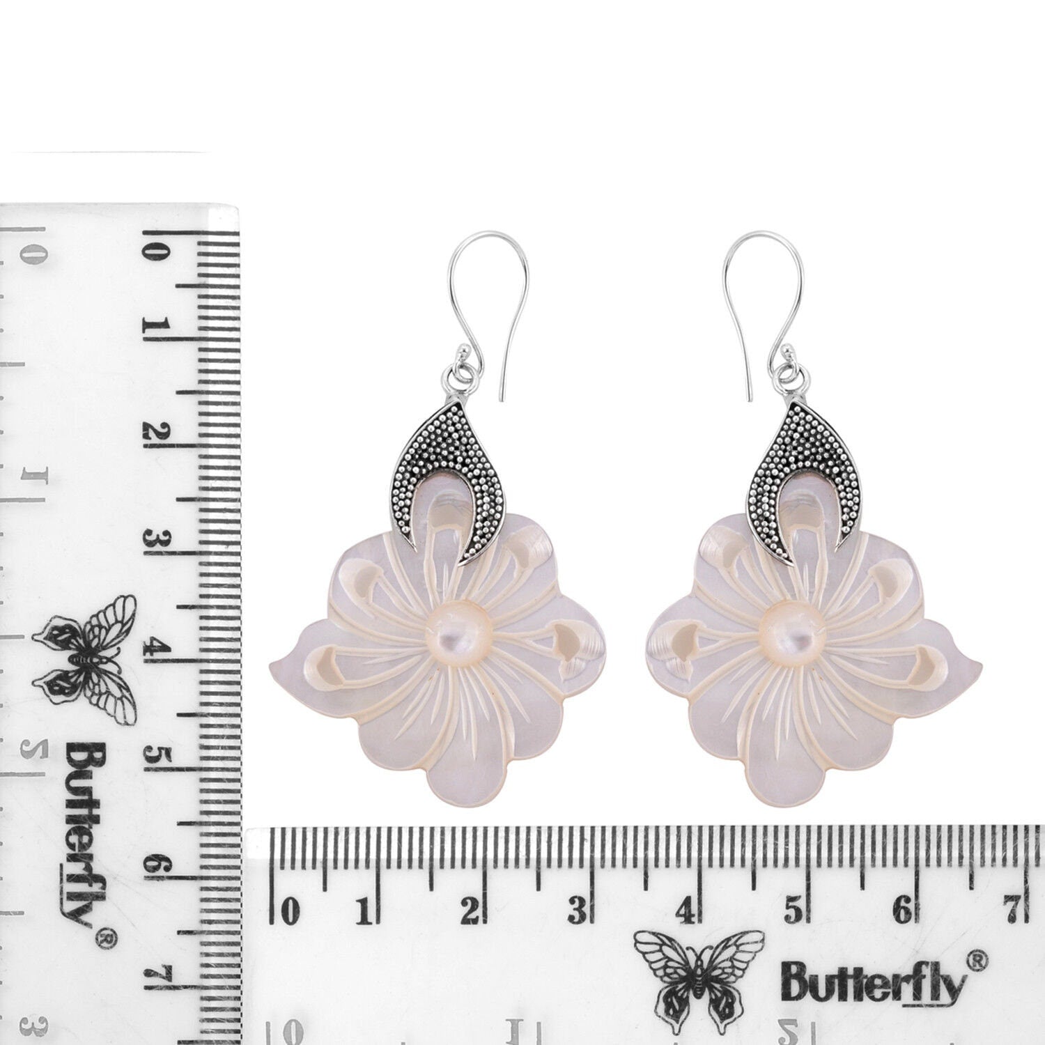 Carved Mother of Pearl Designer Flower Earrings in 925 Sterling Silver - 5.1 cm