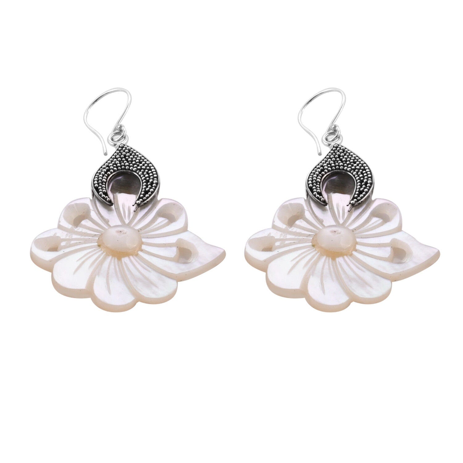 Carved Mother of Pearl Designer Flower Earrings in 925 Sterling Silver - 5.1 cm