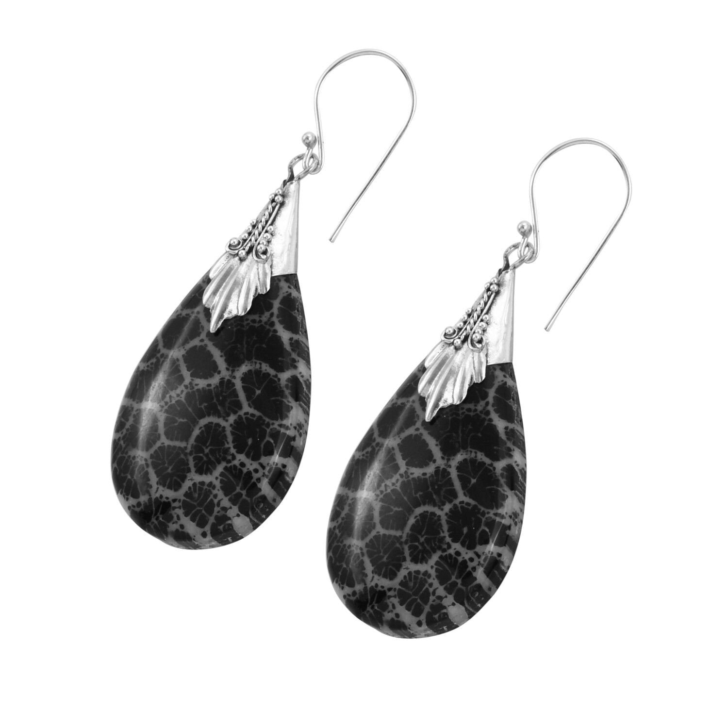 BLACK FOSSIL CORAL Earrings Tear Drop dangle in 925 Sterling Silver - 4.8 cm