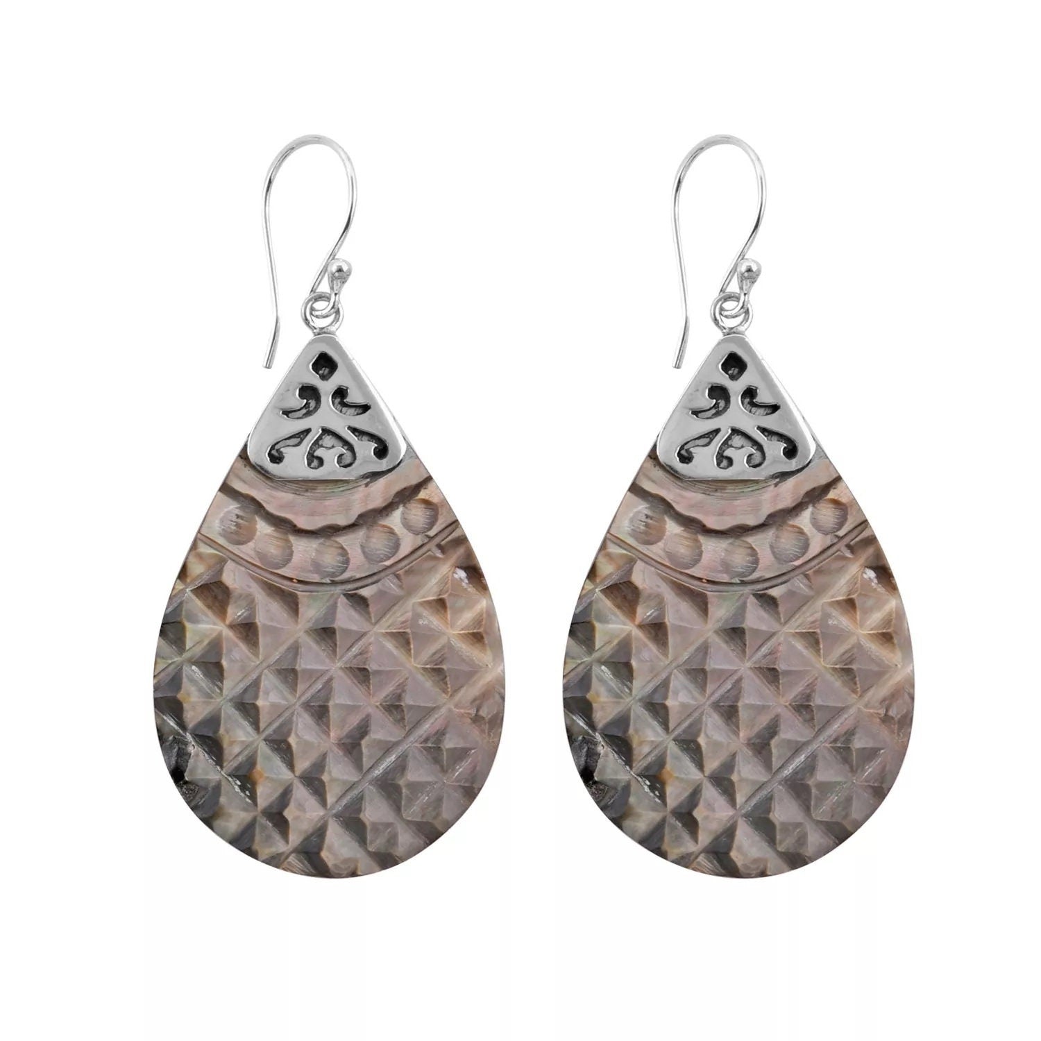 Silver Shell Earrings Hand Carved in 925 Sterling Silver Brown - 5.4 cm