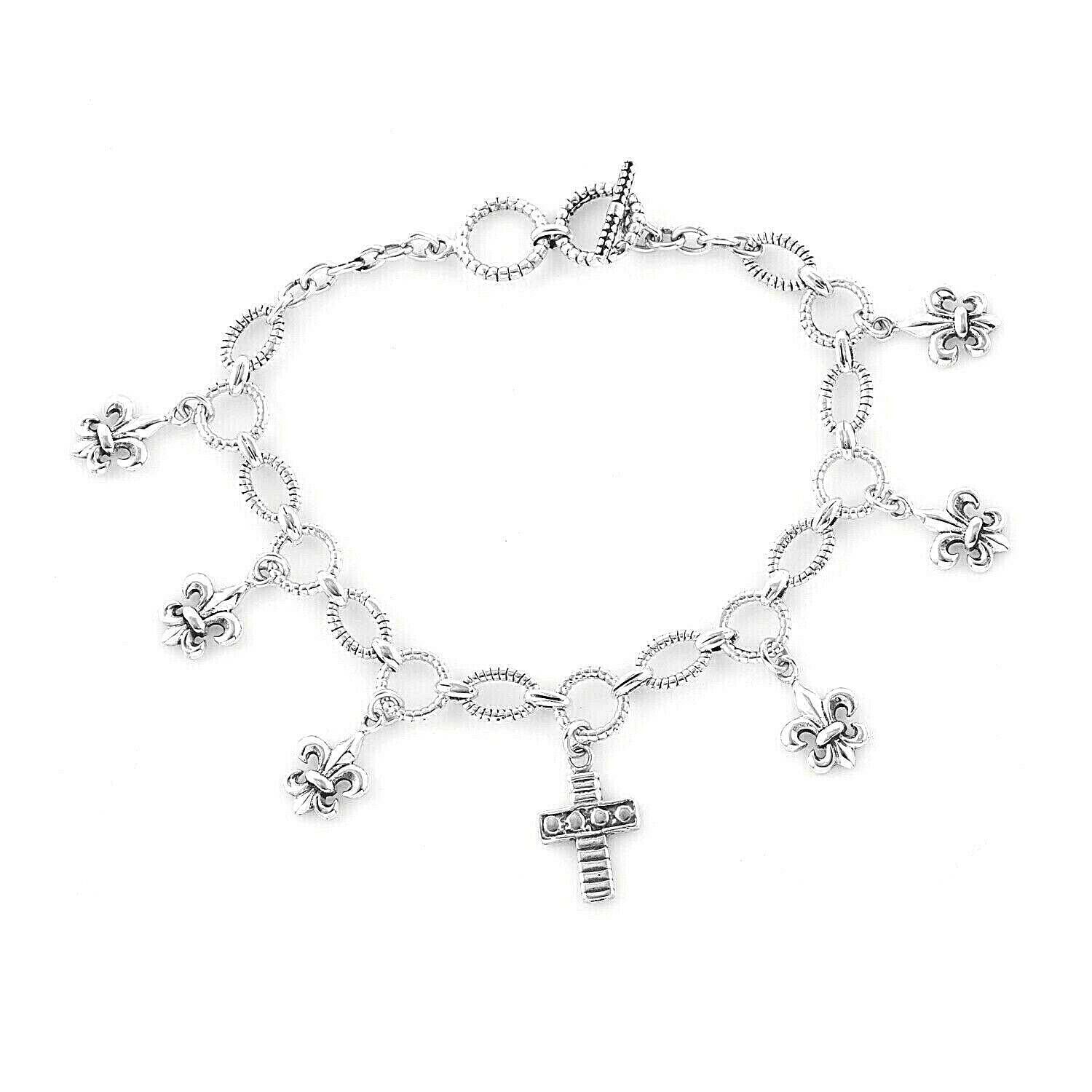 Balinese Sterling Silver CROSS & Fleur-de-lis CHARMS Bracelet