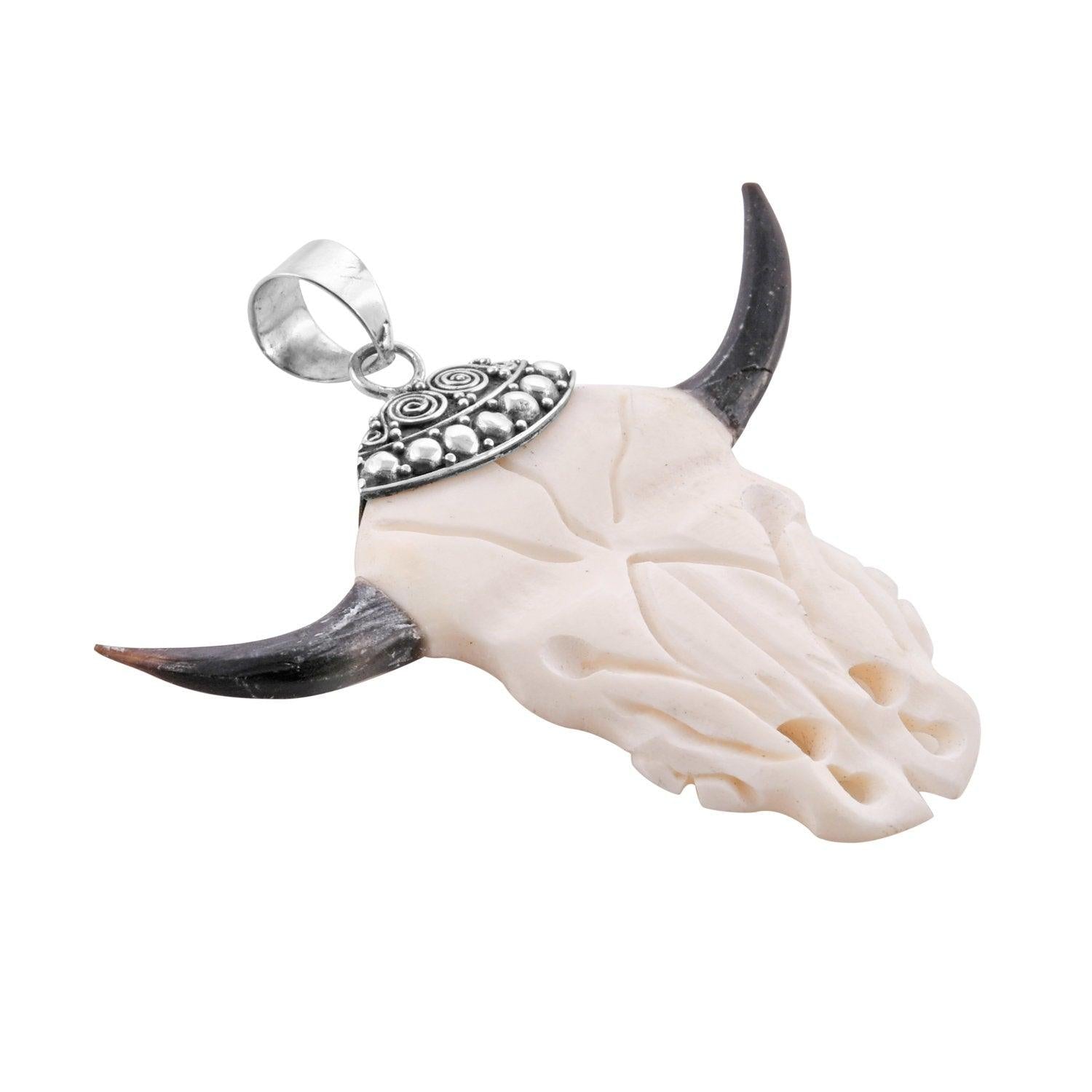 Handcrafted BULL Skull Head CARVED Bone Pendant in Sterling Silver - Inspiring Jewellery