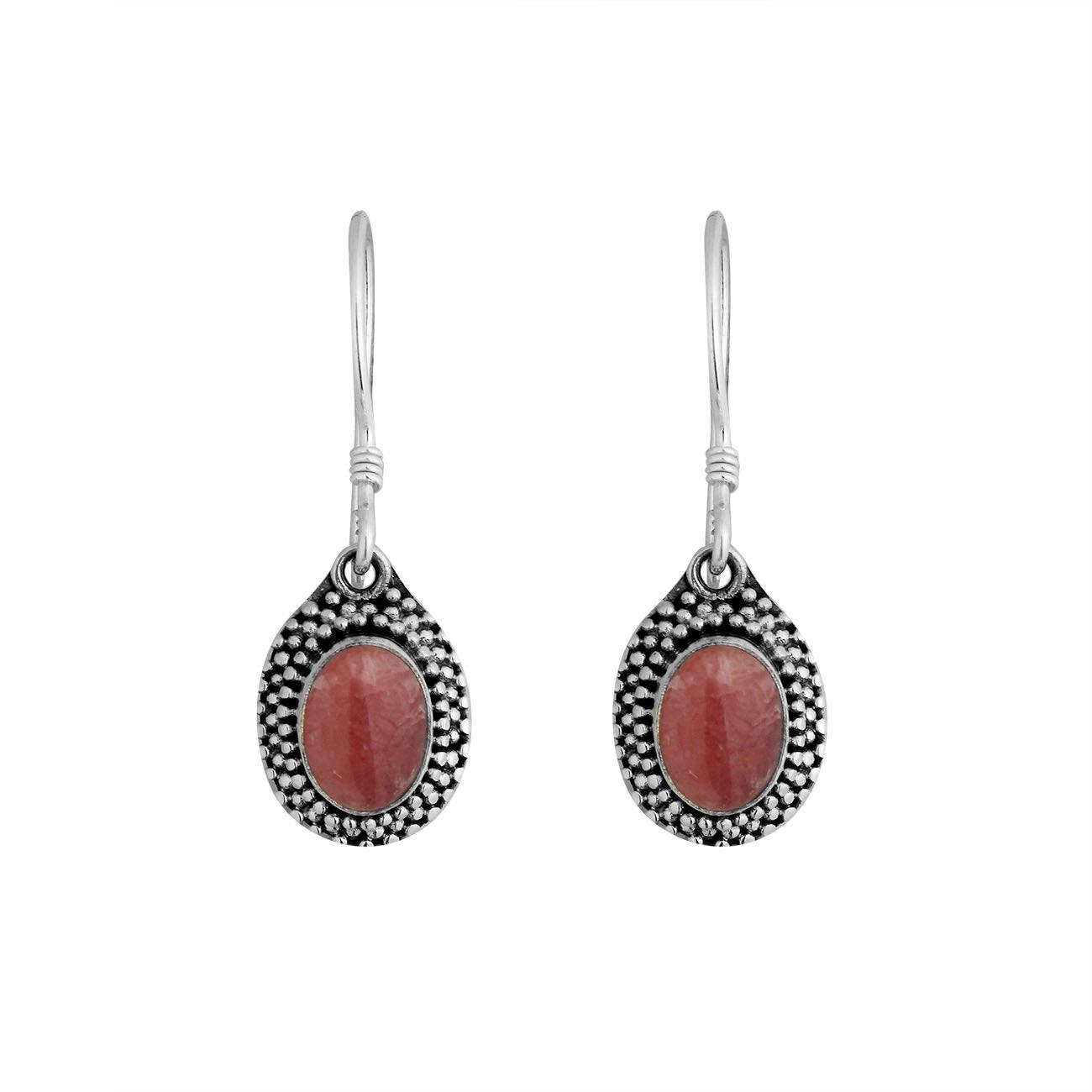 Rhodochrosite Balinese Dangle Earrings in Sterling Silver - Inspiring Jewellery