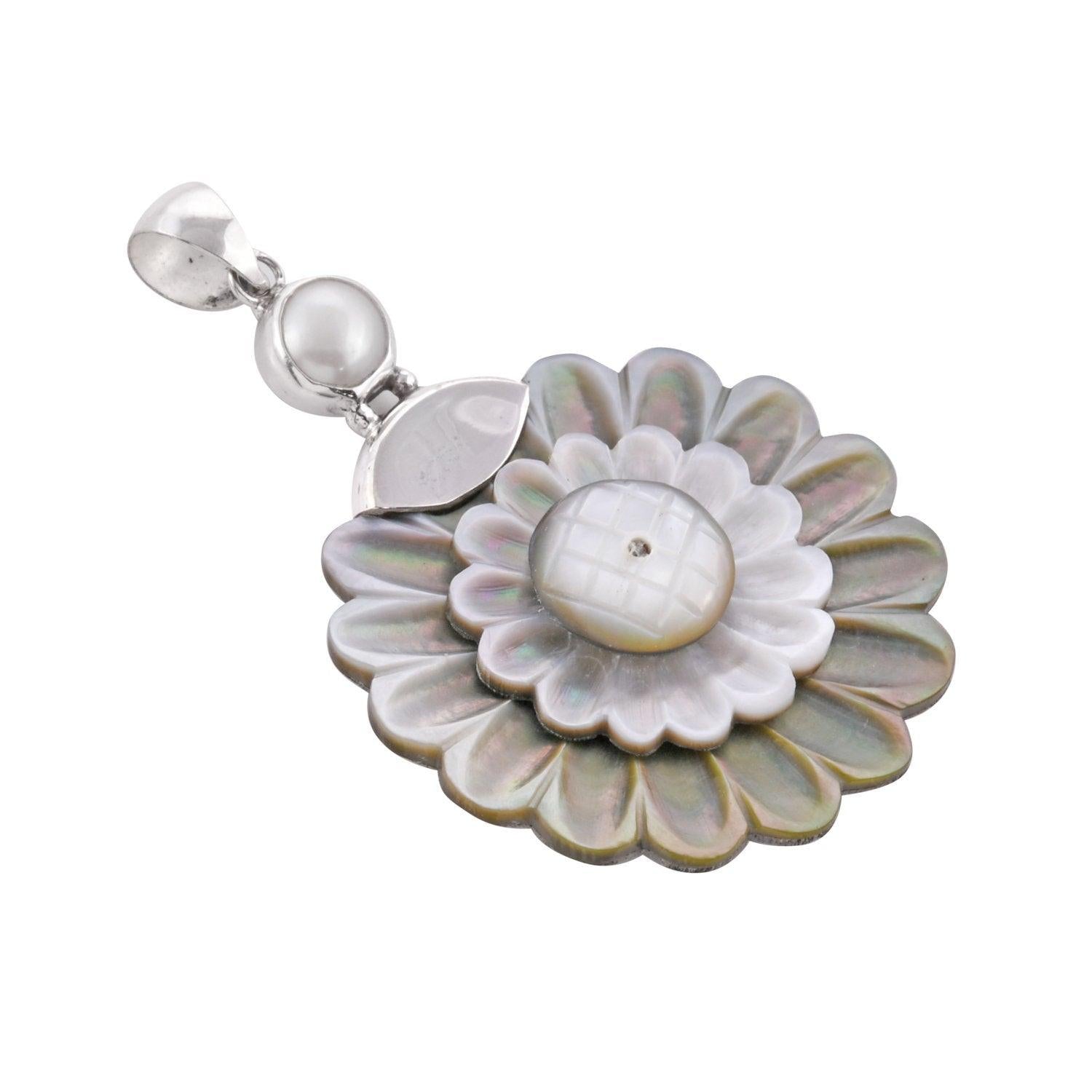 Handmade Hand-carved Grey SHELL FLOWER & Fresh Water Pearl Pendant in 925 Sterling Silver - 6.4 CM - Inspiring Jewellery