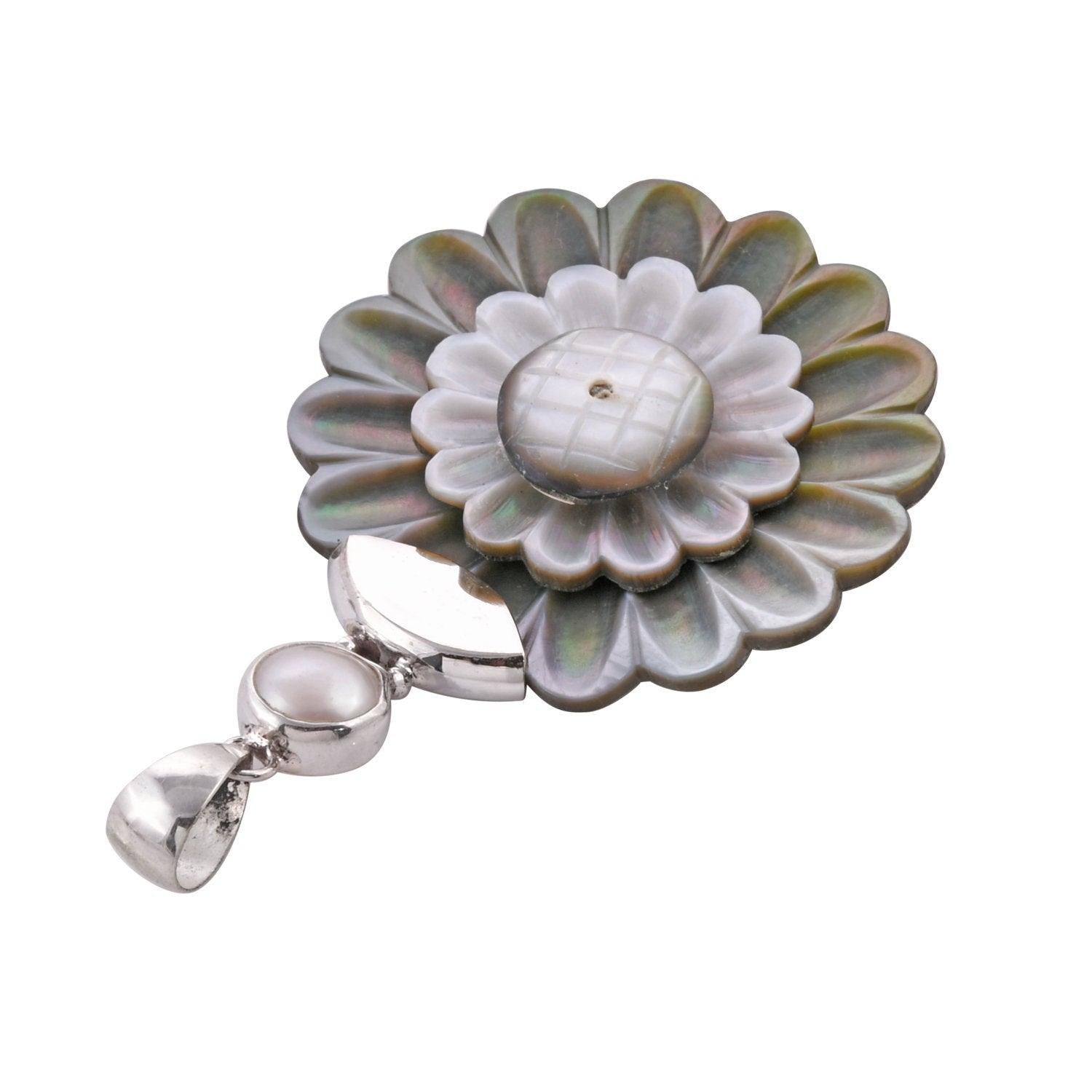 Handmade Hand-carved Grey SHELL FLOWER & Fresh Water Pearl Pendant in 925 Sterling Silver - 6.4 CM - Inspiring Jewellery