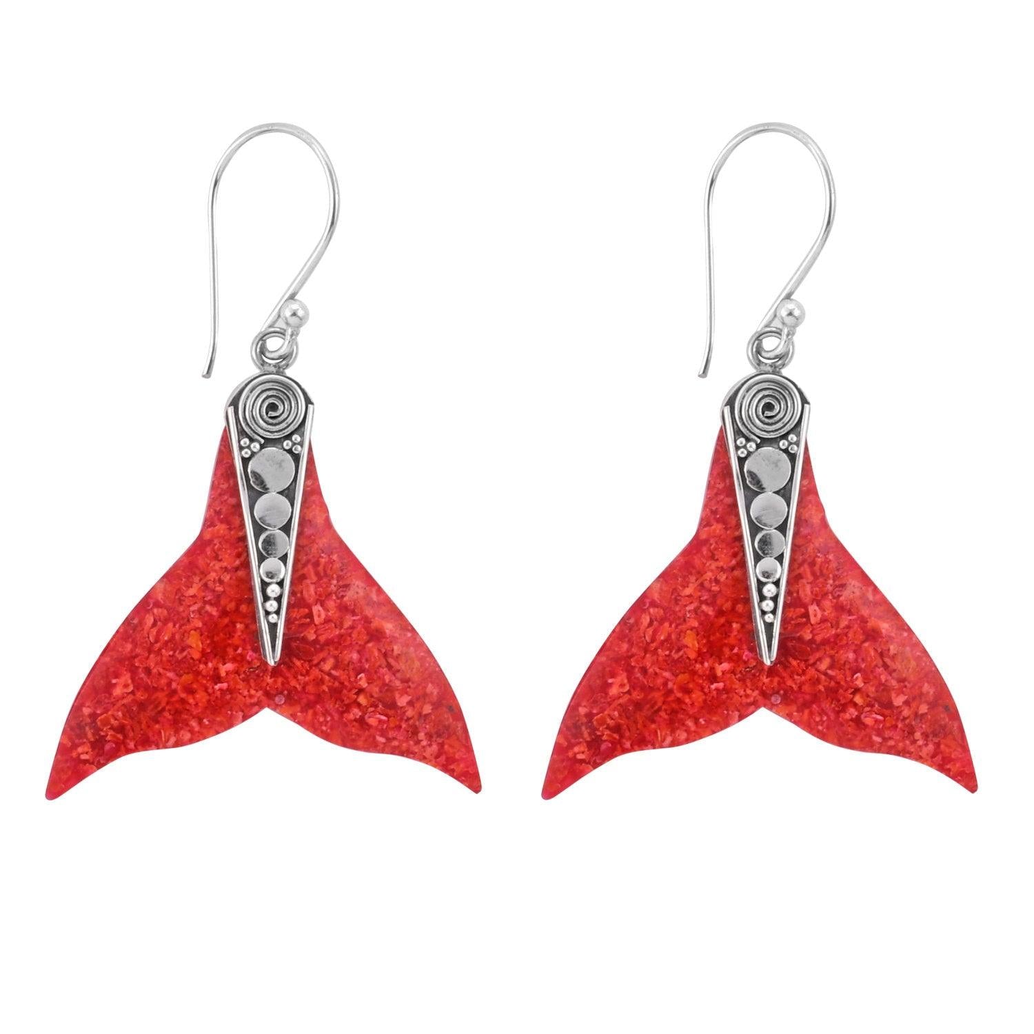 Handmade WHALE Tail Red Coral Earrings in 925 Sterling Silver Fishtail - Inspiring Jewellery