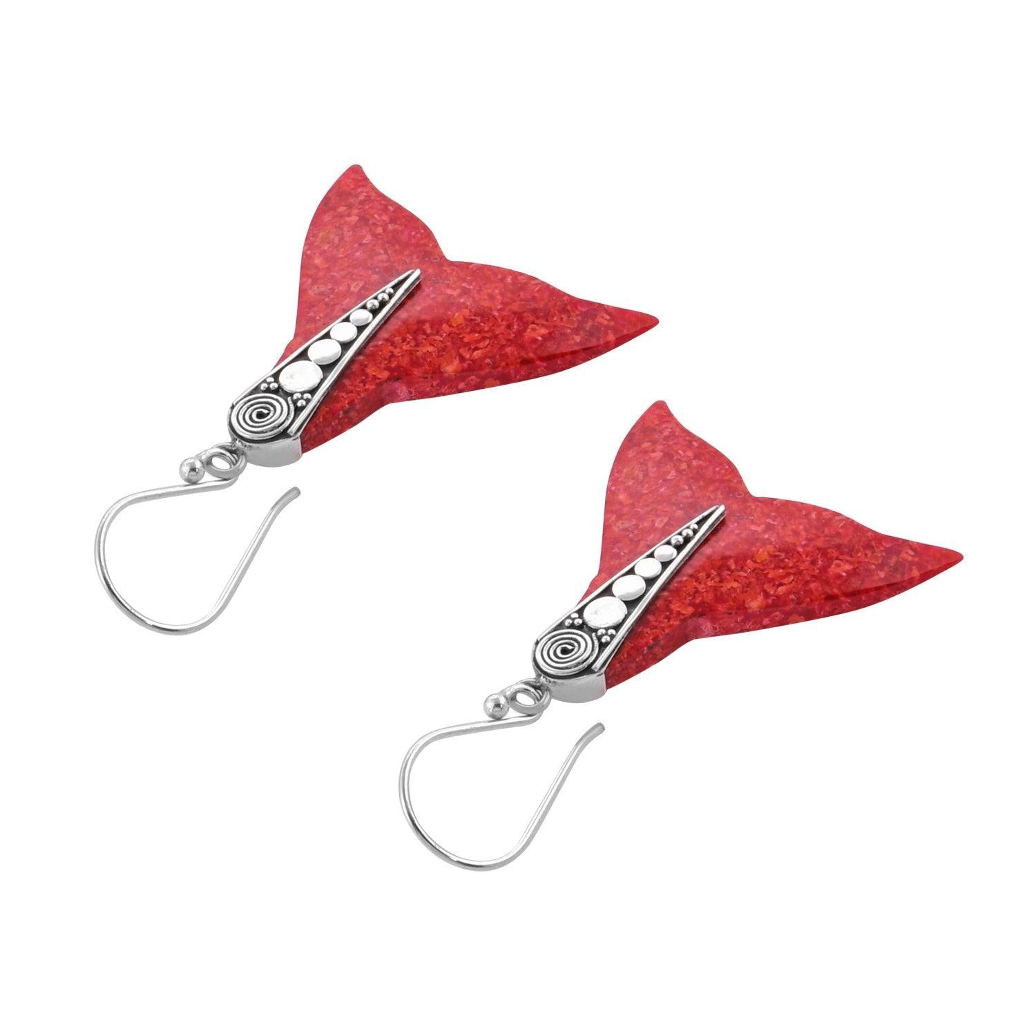 Handmade WHALE Tail Red Coral Earrings in 925 Sterling Silver Fishtail - Inspiring Jewellery