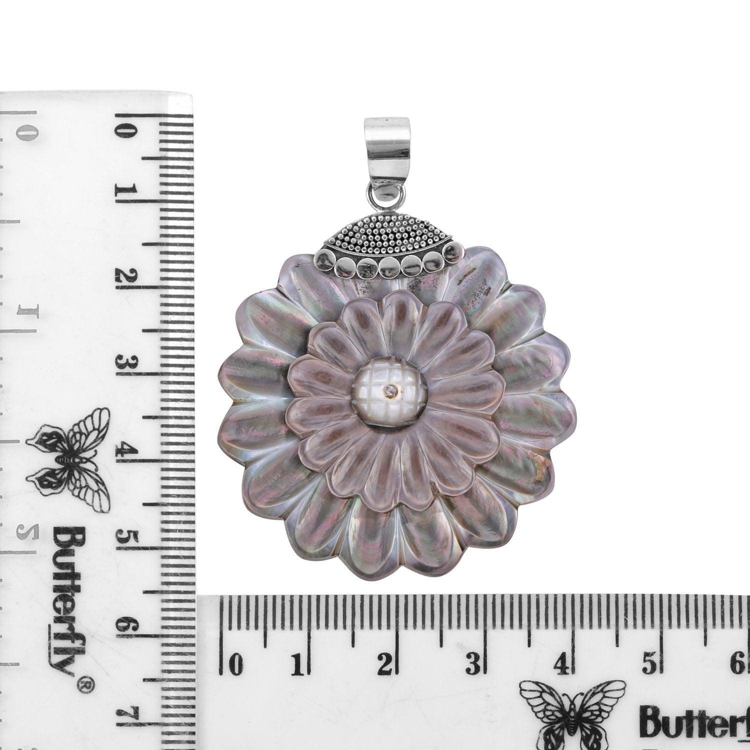 Hand Carved Grey SHELL FLOWER Pendant in 925 Sterling Silver 925 - 5.5 CM - Inspiring Jewellery