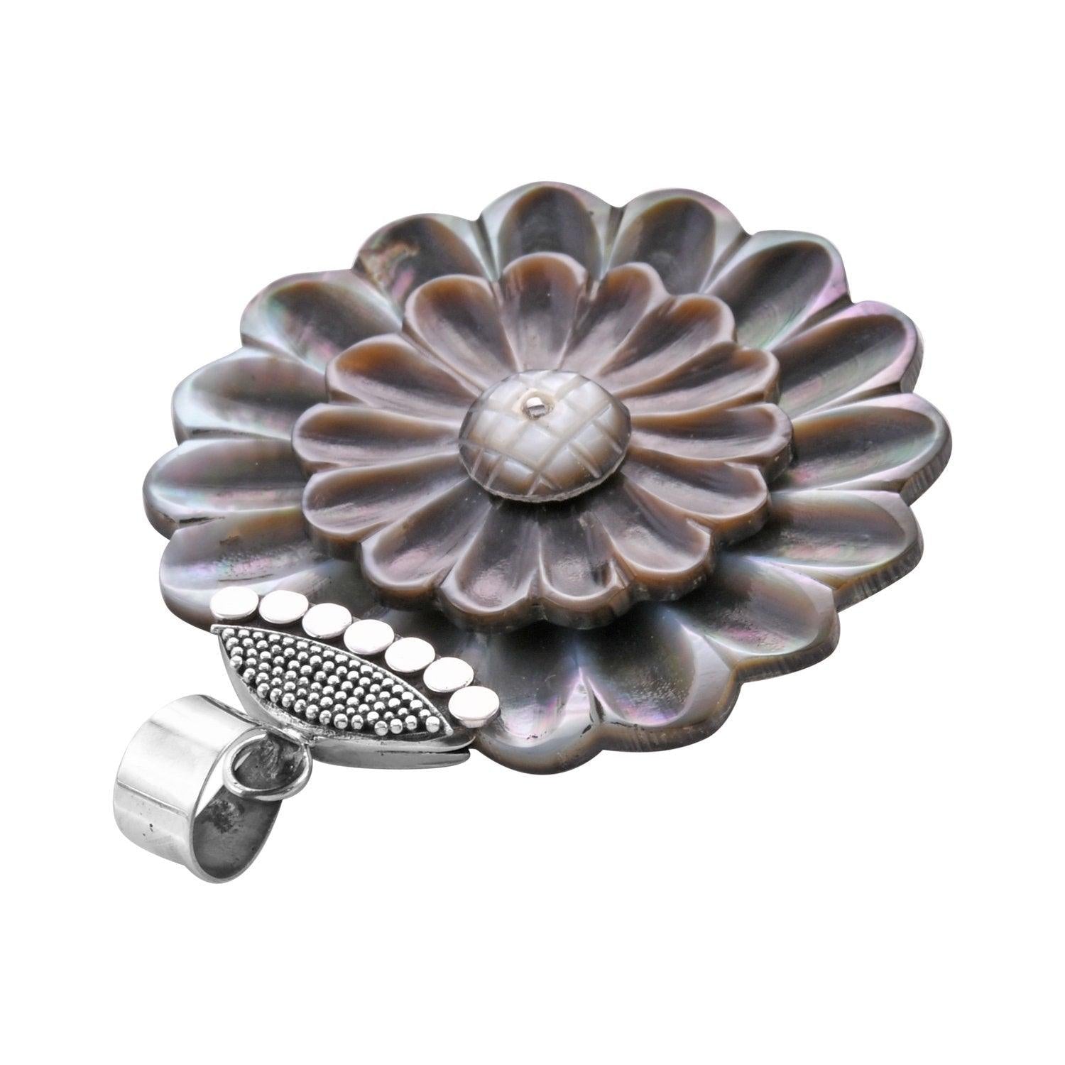 Hand Carved Grey SHELL FLOWER Pendant in 925 Sterling Silver 925 - 5.5 CM - Inspiring Jewellery