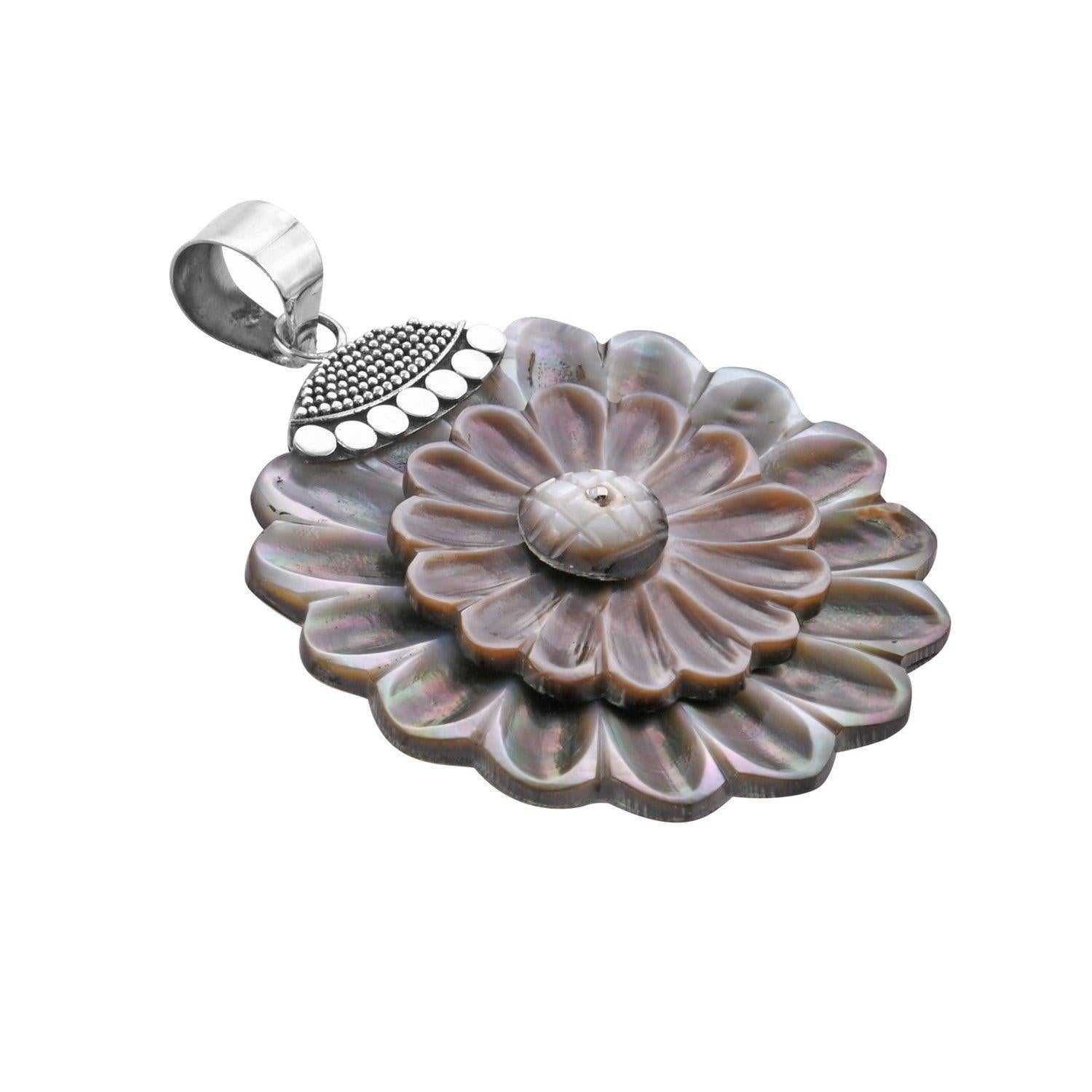 Hand Carved Grey SHELL FLOWER Pendant in 925 Sterling Silver 925 - 5.5 CM - Inspiring Jewellery