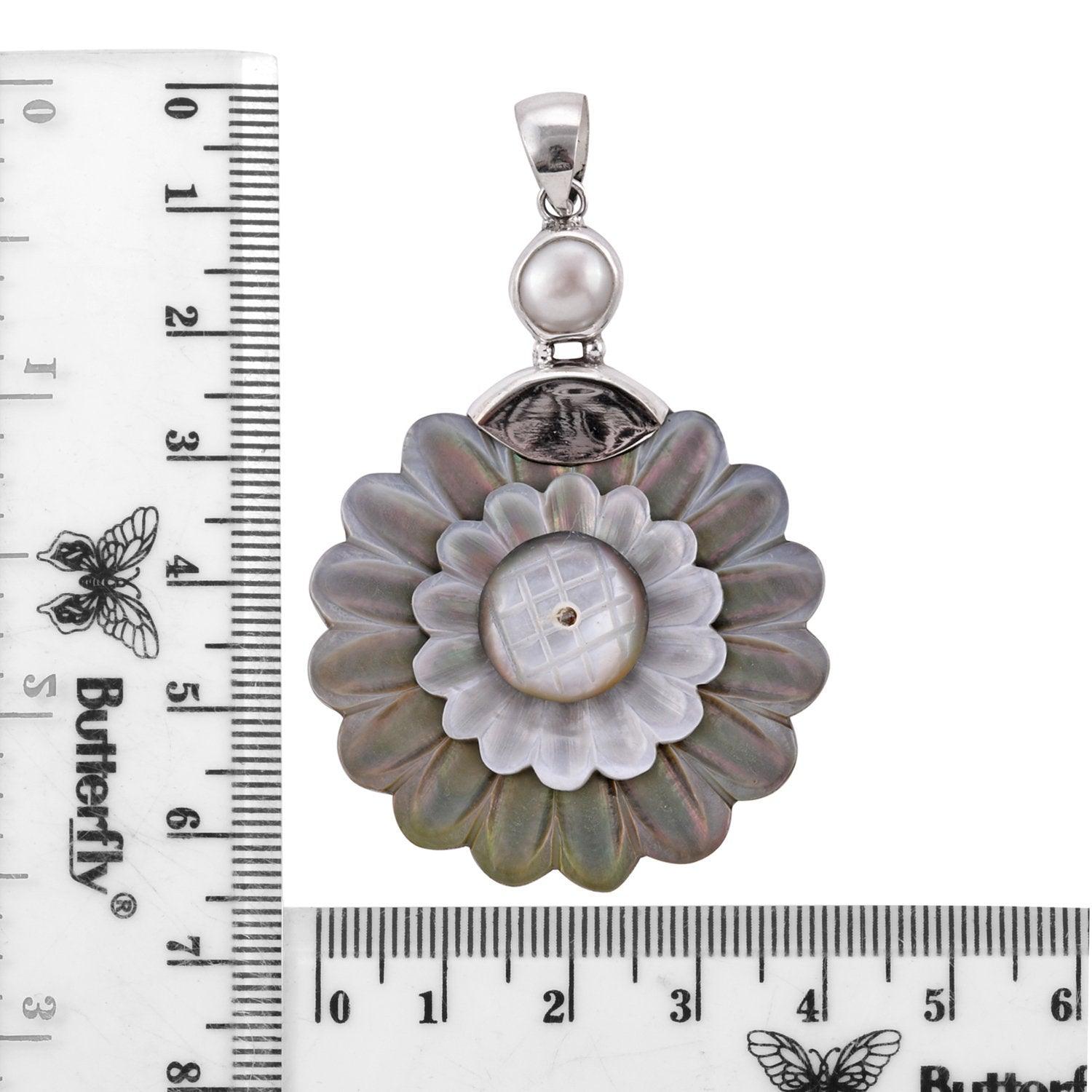 Handmade Hand-carved Grey SHELL FLOWER & Fresh Water Pearl Pendant in 925 Sterling Silver - 6.4 CM - Inspiring Jewellery