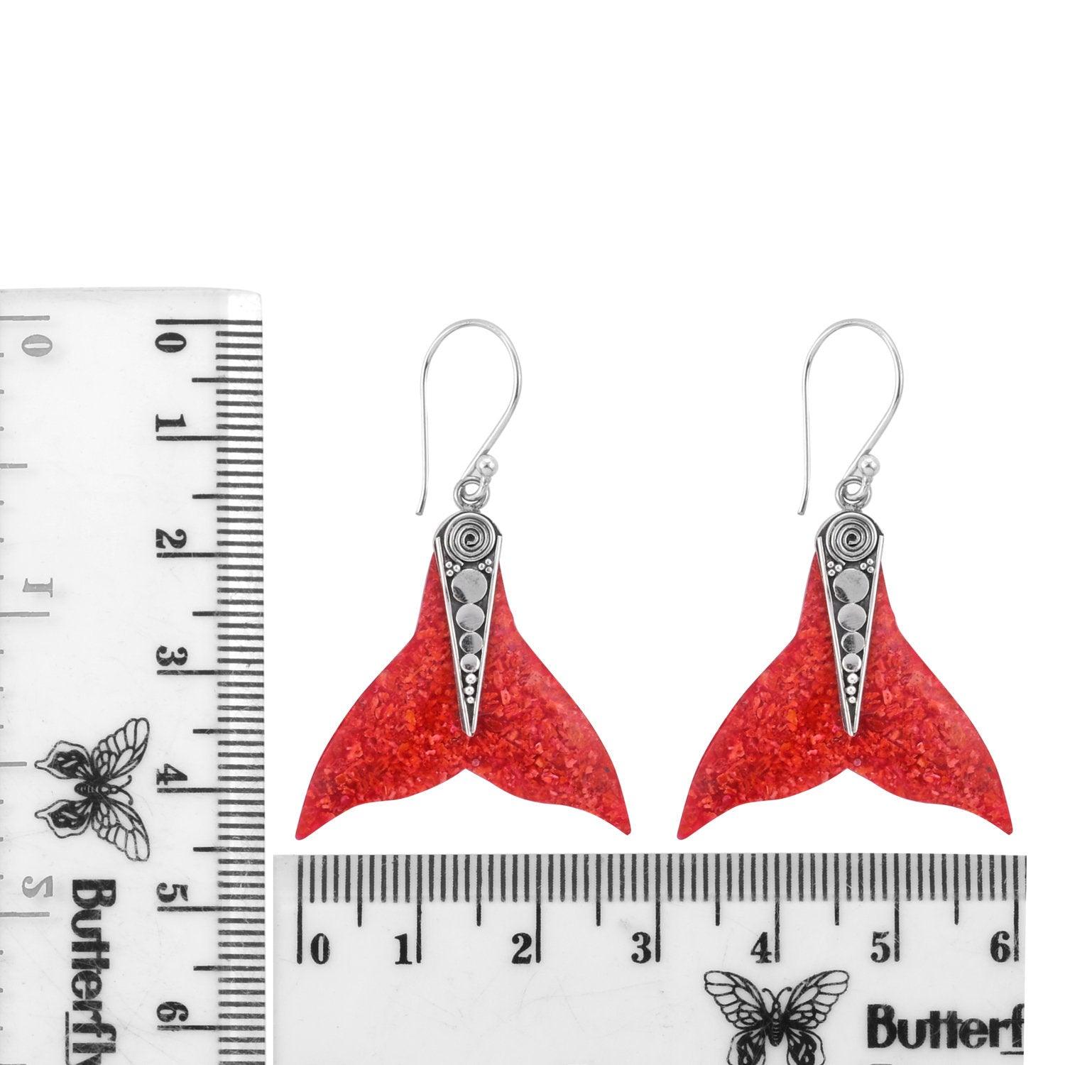 Handmade WHALE Tail Red Coral Earrings in 925 Sterling Silver Fishtail - Inspiring Jewellery