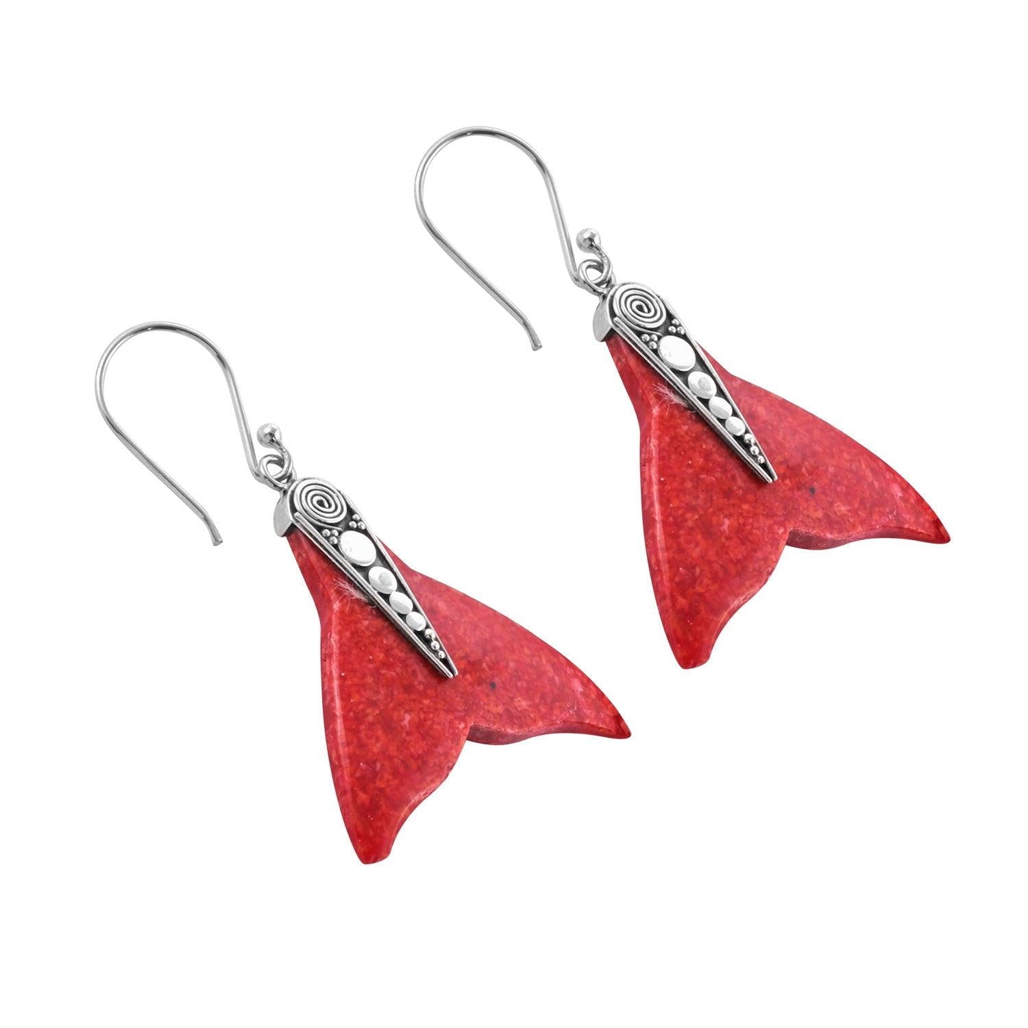 Handmade WHALE Tail Red Coral Earrings in 925 Sterling Silver Fishtail - Inspiring Jewellery