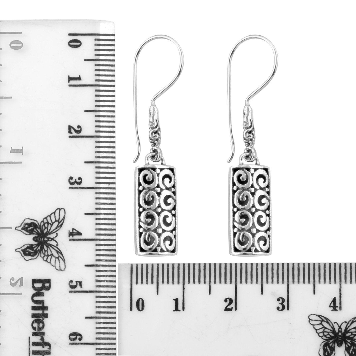 Bali Design Rectangular DANGLE Earrings in SOLID 925 Sterling Silver - Inspiring Jewellery