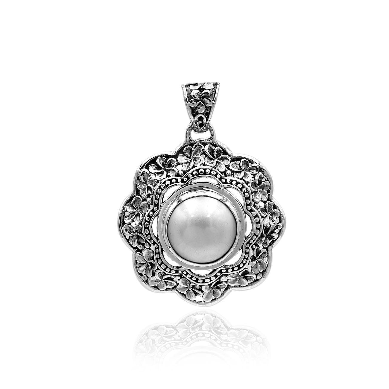 Floral FreshWater Mabe Pearl Pendant Necklace in 925 Sterling Silver With Chain - 4.0 Cm - Inspiring Jewellery