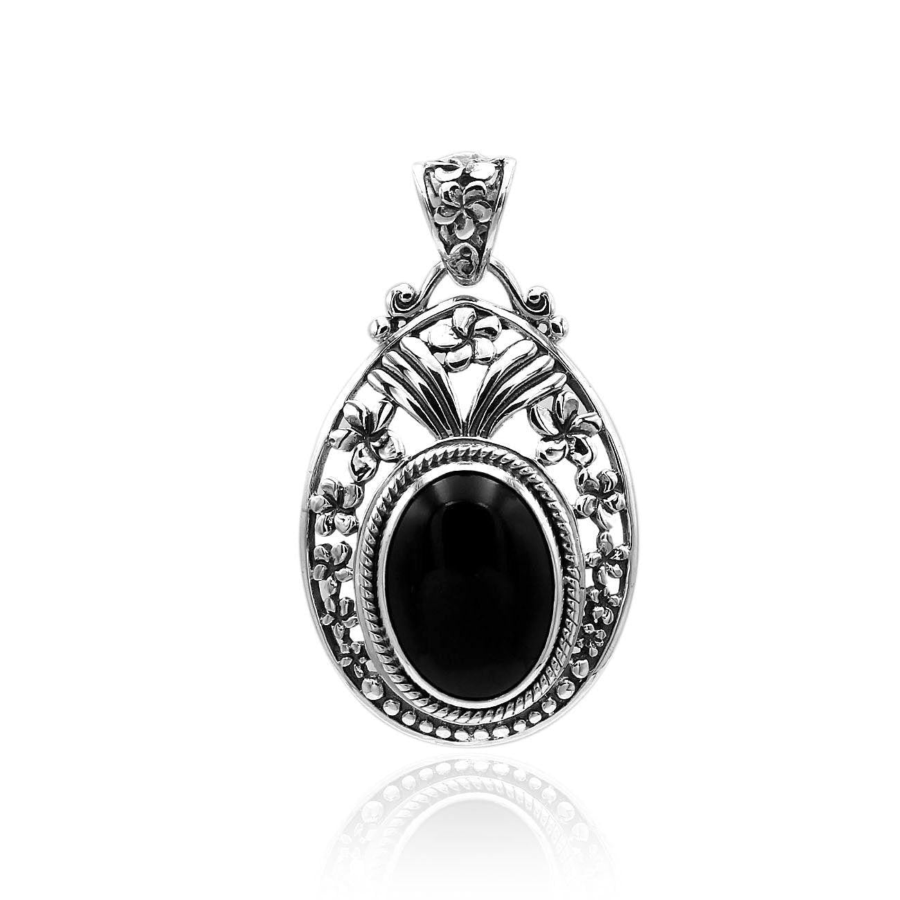 Bali Designer BLACK ONYX Gemstone Pendant Necklace in 925 Sterling Silver with Chain 4.0 Cm - Inspiring Jewellery