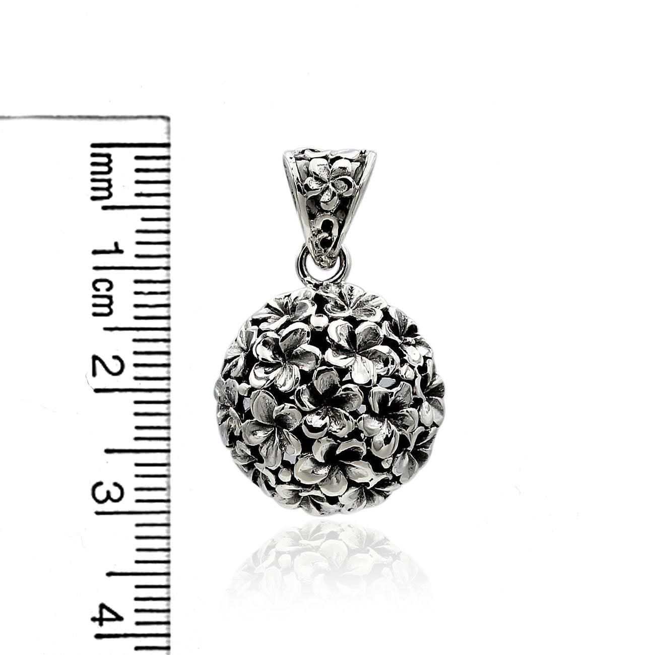 Handmade Bali Frangipani Floral ROUND Pendant in 925 Sterling Silver with Chain - 3.0 Cm - Inspiring Jewellery