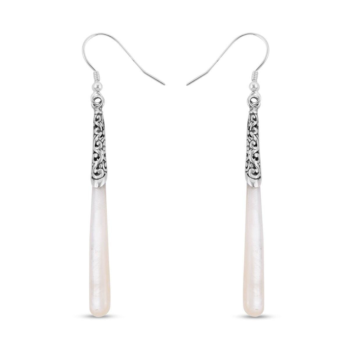 Designer Mother of Pearl Long Drop Dangle Earrings in 925 Sterling Silver - 6 Cm - Inspiring Jewellery