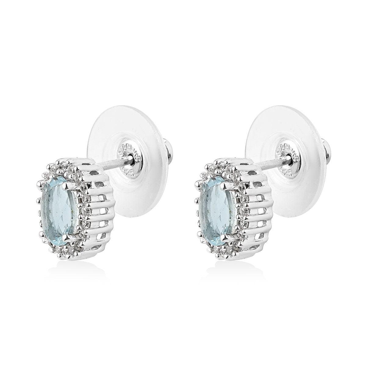 Aquamarine Studs, March birthstone earrings, 925 Silver Stud , Halo Stud Earring, Oval Studs, Classic Halo Earrings , Halo Bridal Studs - Inspiring Jewellery