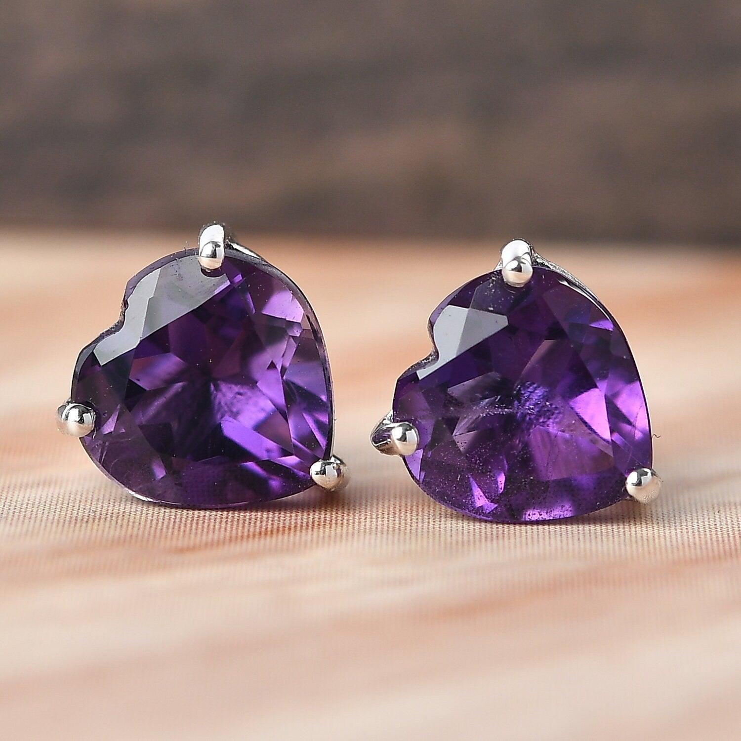 Purple Amethyst Heart Gemstone earrings , 925 Sterling Silver Stud , Platinum , Pink Gemstone Heart Studs by Inspiring Jewellery - Inspiring Jewellery