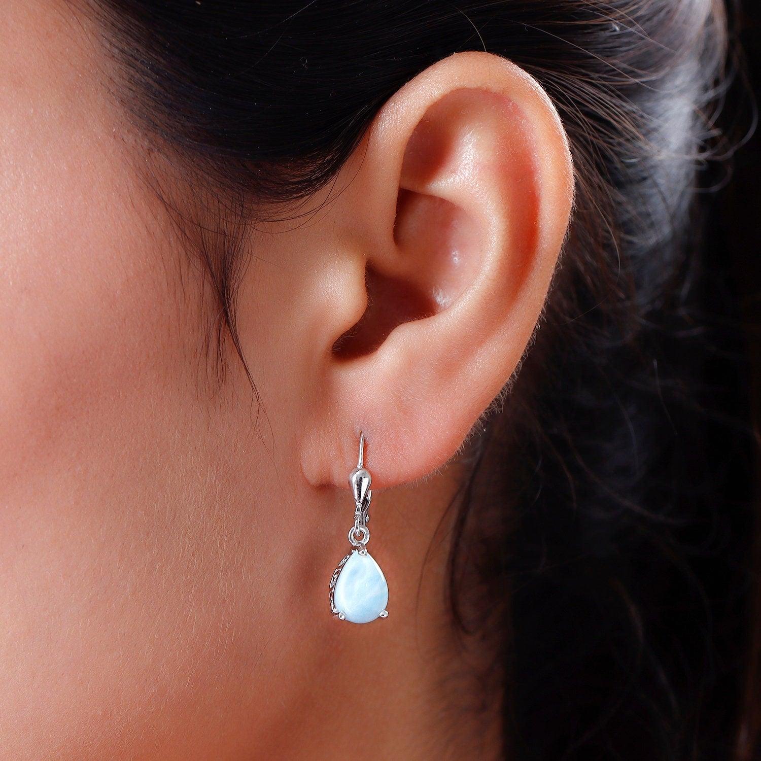 Larimar dangle earrings , 925 Sterling Silver , March birthstone , Larimar Lever back Earring, Teardrop Earrings by Inspiring Jewellery - Inspiring Jewellery