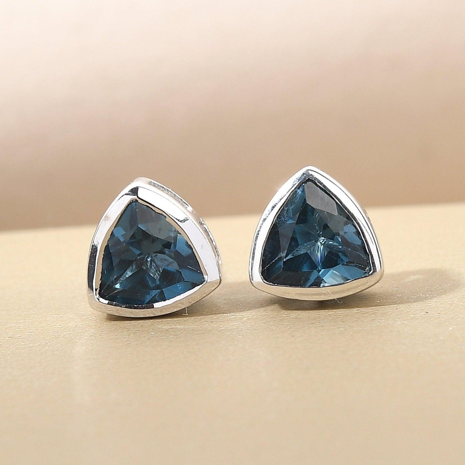 London Blue Topaz Studs, Trillion exotic Gemstone earrings , 925 Sterling Silver Stud , Platinum , November Birthstone Inspiring Jewellery - Inspiring Jewellery