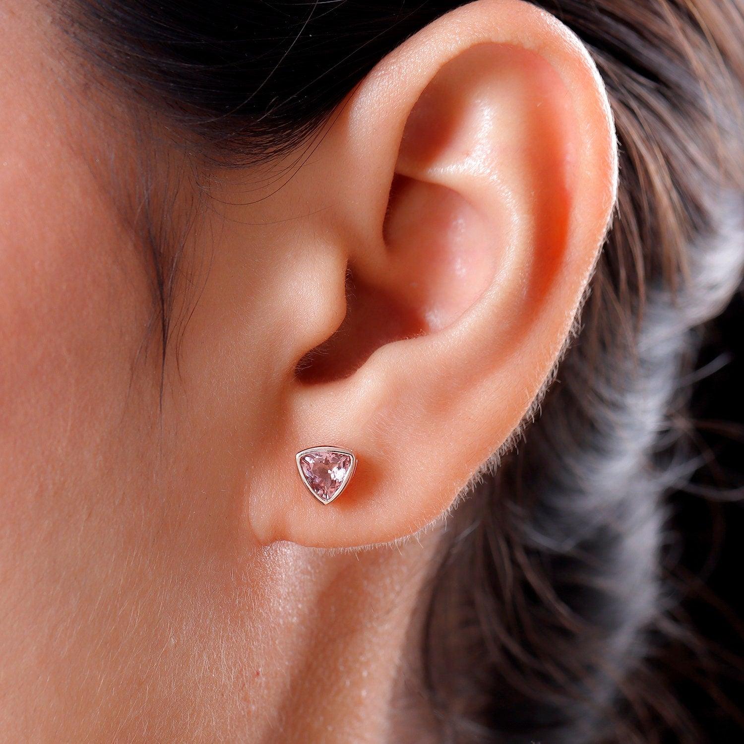 Salmon Pink Tourmaline , Trillion exotic Gemstone earrings , 925 Sterling Silver Stud , Rose Gold , Pink Gemstone Inspiring Jewellery - Inspiring Jewellery