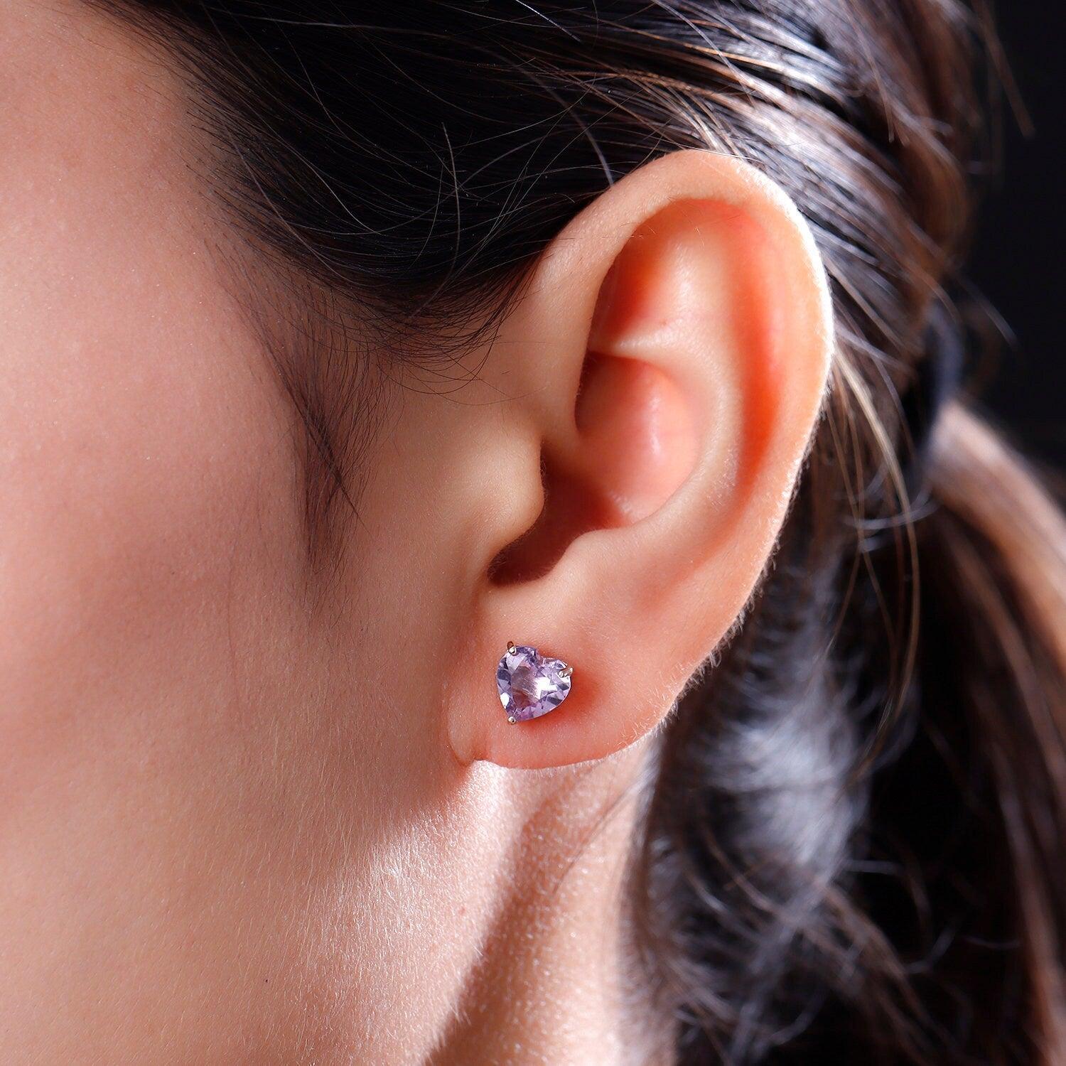 Pink Amethyst Heart Gemstone earrings , 925 Sterling Silver Stud , Rose Gold , Pink Gemstone Heart Studs by Inspiring Jewellery - Inspiring Jewellery