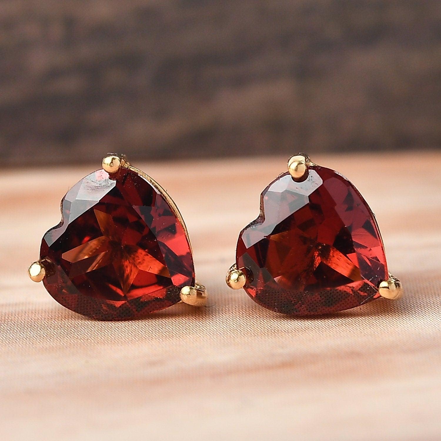 Red Garnet Heart Gemstone earrings , 925 Sterling Silver Stud , Yellow Gold , Red Gemstone Heart Studs by Inspiring Jewellery - Inspiring Jewellery