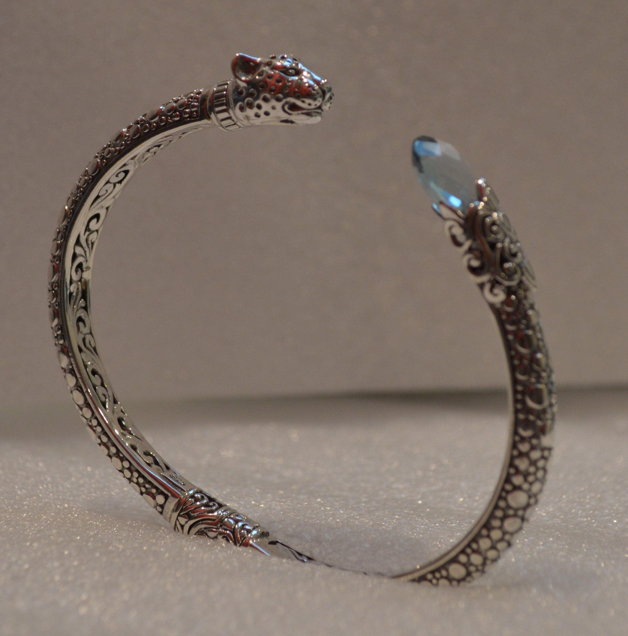 Designer TIGER BANGLE Blue Topaz Gemstone in Solid 925 Sterling Silver - Hinge - Inspiring Jewellery