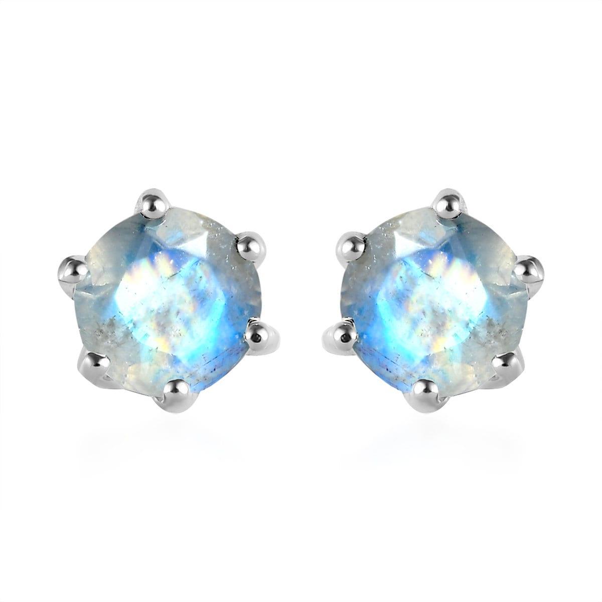 AA Rainbow Moonstone Round Studs earrings, 925 Sterling Silver, 6 Prong Stud, Platinum Plated, Solitaire Round Studs by Inspiring Jewellery - Inspiring Jewellery