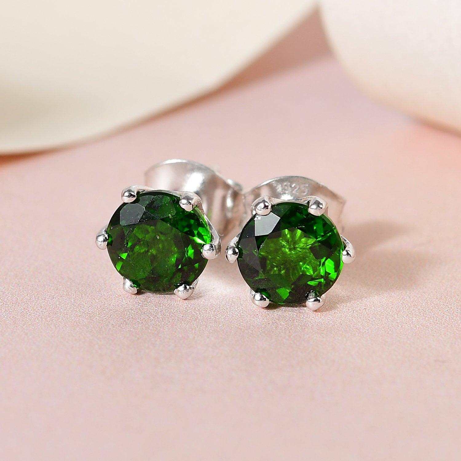 Chrome Diopside Round Studs earrings, 925 Sterling Silver, 6 Prong Stud, Platinum Plated, 6 mm Solitaire Round Studs by Inspiring Jewellery - Inspiring Jewellery